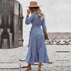 Sommer Blumenmuster Langes Kleid Damen Lässig V-Ausschnitt A-Linie Hohe Taille Wickeloptik Lange Ärmel S-XL