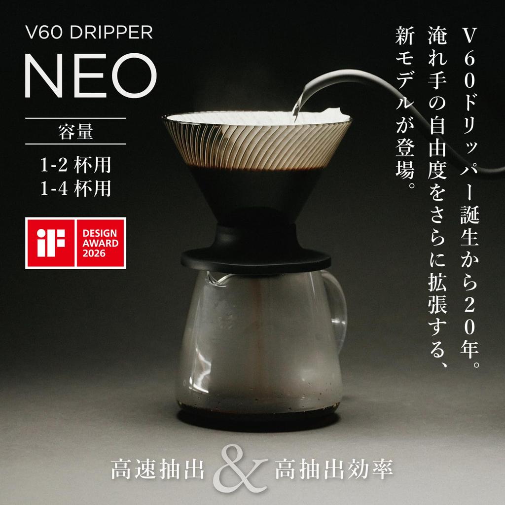 HARIO V60 Dripper NEO, 1-4 kopjes capaciteit, Tritan hars, spiraalvormige ribbels, zwart, Gemaakt in Japan, VDN-02-B
