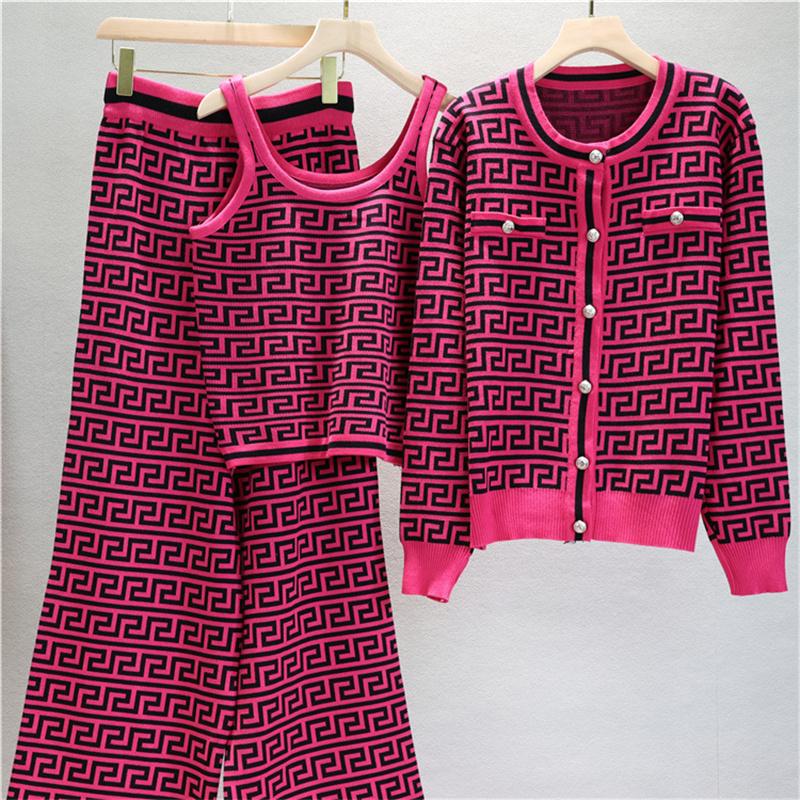 Autumn And Winter Jacquard Knitted Cardigan Women's Suit Jacket Vest And Pants Three Piece Set