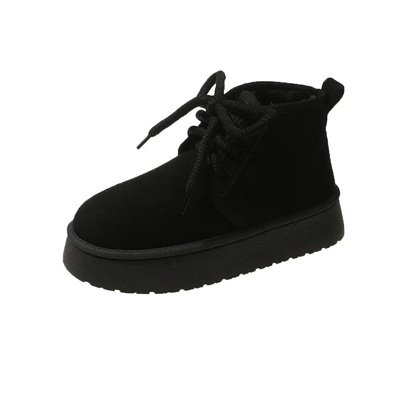 2024 Новый стиль Модные универсальные темпераментные удобные зимние теплые женские ботинки однотонные короткие зимние ботинки на шнуровке 35 чёрный 4169₽