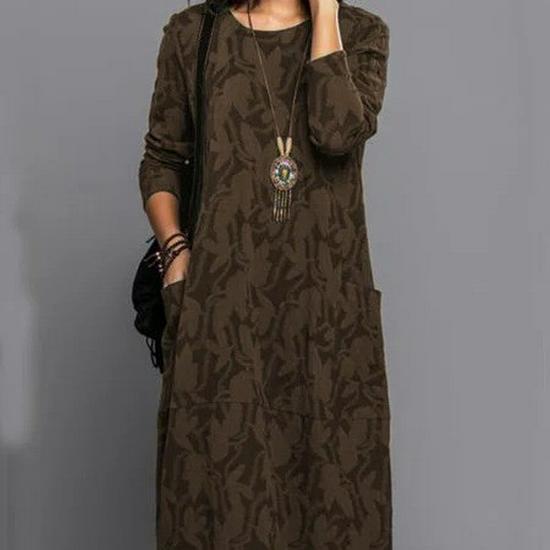 Spring/Autumn Casual Print Round Neck Long Sleeve Pocket Dress for Women