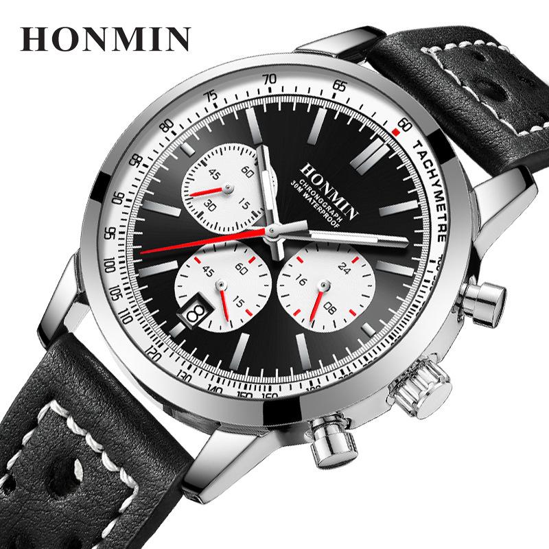 Multifunktions-Sportuhr Herren Luxus Chronograph Kalenderuhr Mann Leder Wasserdicht Leuchtende Armbanduhren