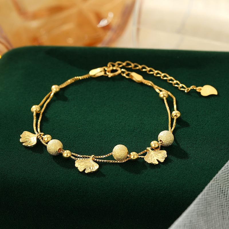 

S925 Серебряный браслет Sansheng с абрикосом, двухслойный браслет с листьями гинкго и матовым жемчугом для женщин, сладкий и свежий подарок подруге Adjustable size
