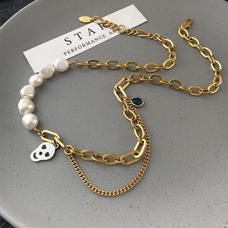 GEMCHIC Women s Baroque Pearl Chain Necklace with Skull Pendant, Minimalist Gold Layered Necklace for Women
