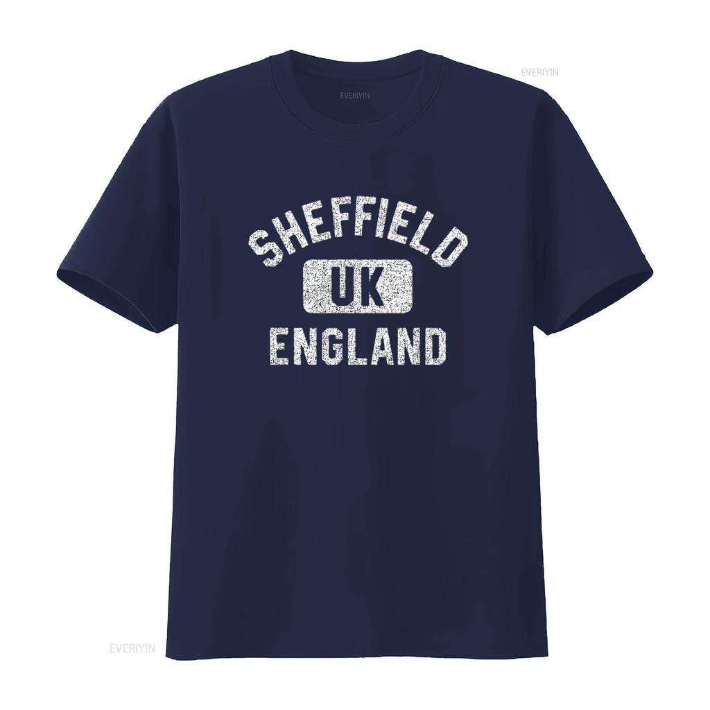 Mens Sheffield England UK Gym Style Distressed White Print T Shirt Black vintage Washed Comfortable Soft fashion Slightly