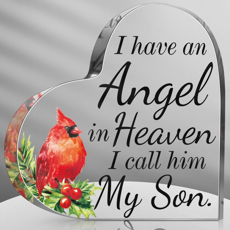 2D Flat "Angel in Heaven" Memorial Acrylic Heart Desk Decor Plaque, Red Cardinal Design, Suitable for Wall Decoration, Porch, Room, Villa, Accents Hom