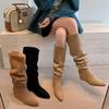 Pointed Wedge Heel Apricot Pile Long Knight Boots Women's Shoes 2025 Spring and Autumn New Thin High Heel High Boots