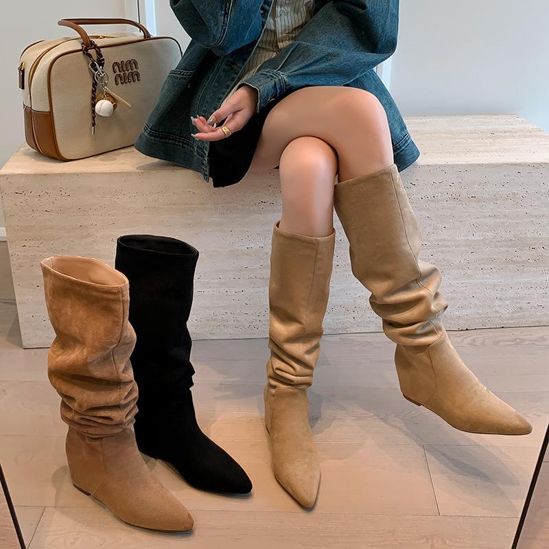 Pointed Wedge Heel Apricot Pile Long Knight Boots Women's Shoes 2025 Spring and Autumn New Thin High Heel High Boots