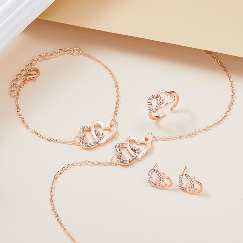 New Fashion Hollow Double Love Heart Pendant Necklace, Bracelet, Ring, Earrings Ladies Exquisite Sparkling Jewelry Set S/set