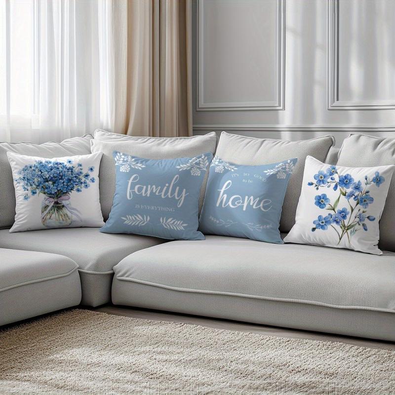 Vikama Light Blue Flower Illustration Throw Pillow Cover, Home Decoration Throw Pillow Cover, Living Room Sofa Cushion Cover