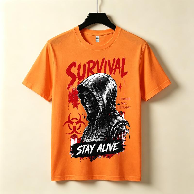 Survival Stay Alive Graphic Tshirt Skull Hood Biohazard Symbol Print Dark Grunge Gothic Streetwear Edgy Casual Urban Top