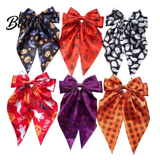 Ghost Hair Clip Halloween Silky Satin Bows for Women Big Ribbon Bow Clips Girls Oversized Long Tail Barrettes Cute Bat Spider Web Pumpkin