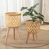 Handmade Bamboo Woven Flower Pot With Stand Stool With Legs Plant Flower Display Storage Stand Straw Woven