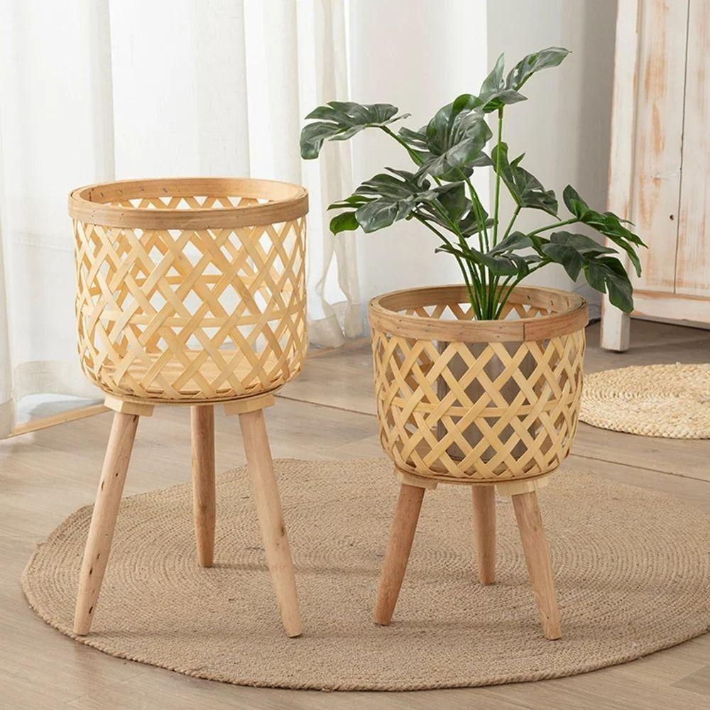 Handmade Bamboo Woven Flower Pot With Stand Stool With Legs Plant Flower Display Storage Stand Straw Woven