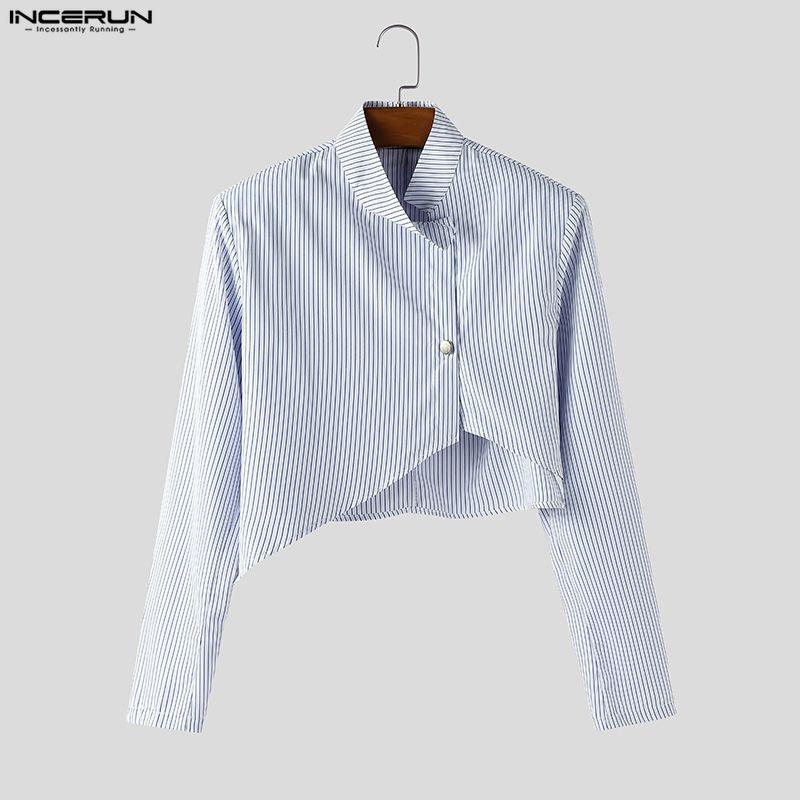 INCERUN Herren Outfits Stehkragen Gestreifte Langarm Crop Tops Reißverschluss High Waist Lange Hosen Sets