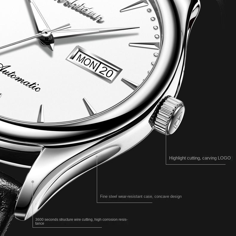 JINSHIDUN Markenuhr Automatische mechanische Uhr Doppelkalenderuhr Modetrend Herrenuhr Herrenuhr