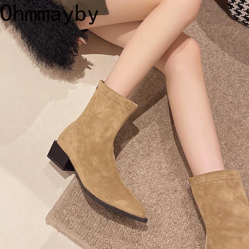 Vintage Pointed Toe Thick Heel Women's Ankle Boots Fashion Party Dress Shoes Autumn Winter Tie Slim Women's Short Booties
