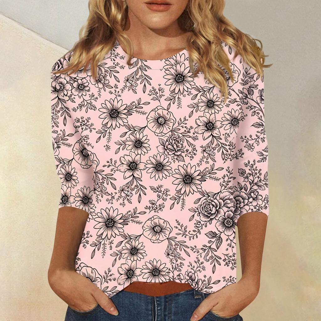 Top da Donna Casual con Stampa Floreale, Manica a Tre Quarti, Girocollo, Leggero, Vestibilità Comoda, Per l'Uso Quotidiano