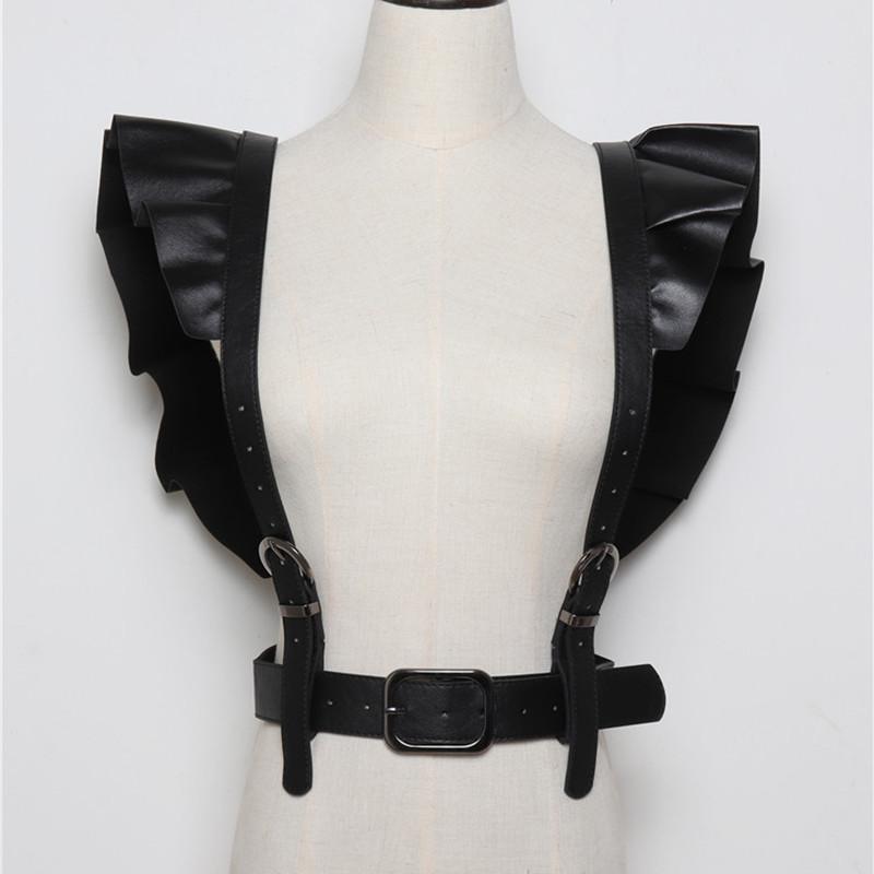 

Techwear Punk Style Pu Leather Ruffles Waist Belt Shoulder Strap Woman Gothic Adjustable Leather Corset Harness чёрный
