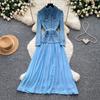 Vintage lace splicing heavy industry lapel dress women's spring and autumn long-sleeved waist A-word long dress commuting advanced sense