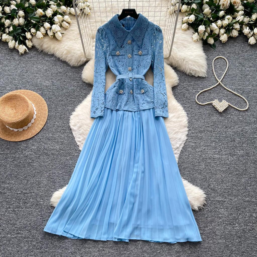 Vintage lace splicing heavy industry lapel dress women's spring and autumn long-sleeved waist A-word long dress commuting advanced sense