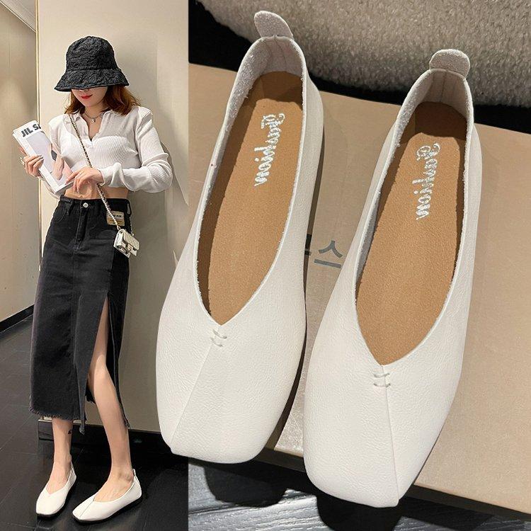Women's Flat Bottomed Single Shoes Casual Shallow Mouth Square Toe Women's Loafers Solid Color Flat Bottomed Women's Shoes