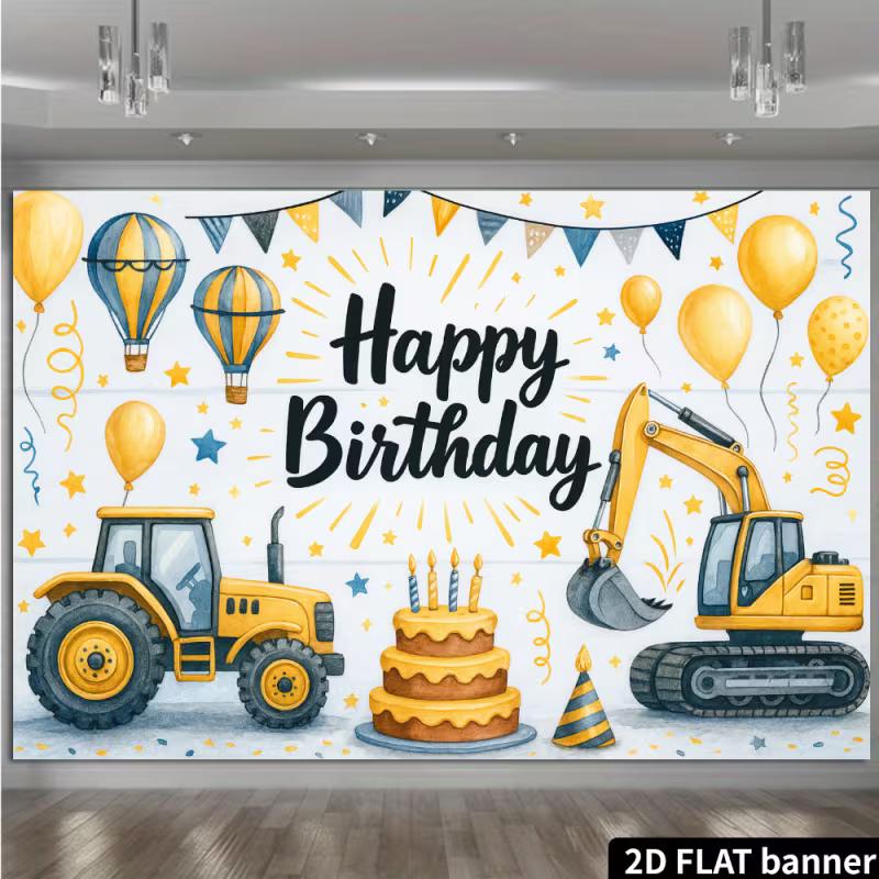 2D Construction Party Backdrop - Excavator & Tractor Banner for Kids Engineering Themed Photoshoot