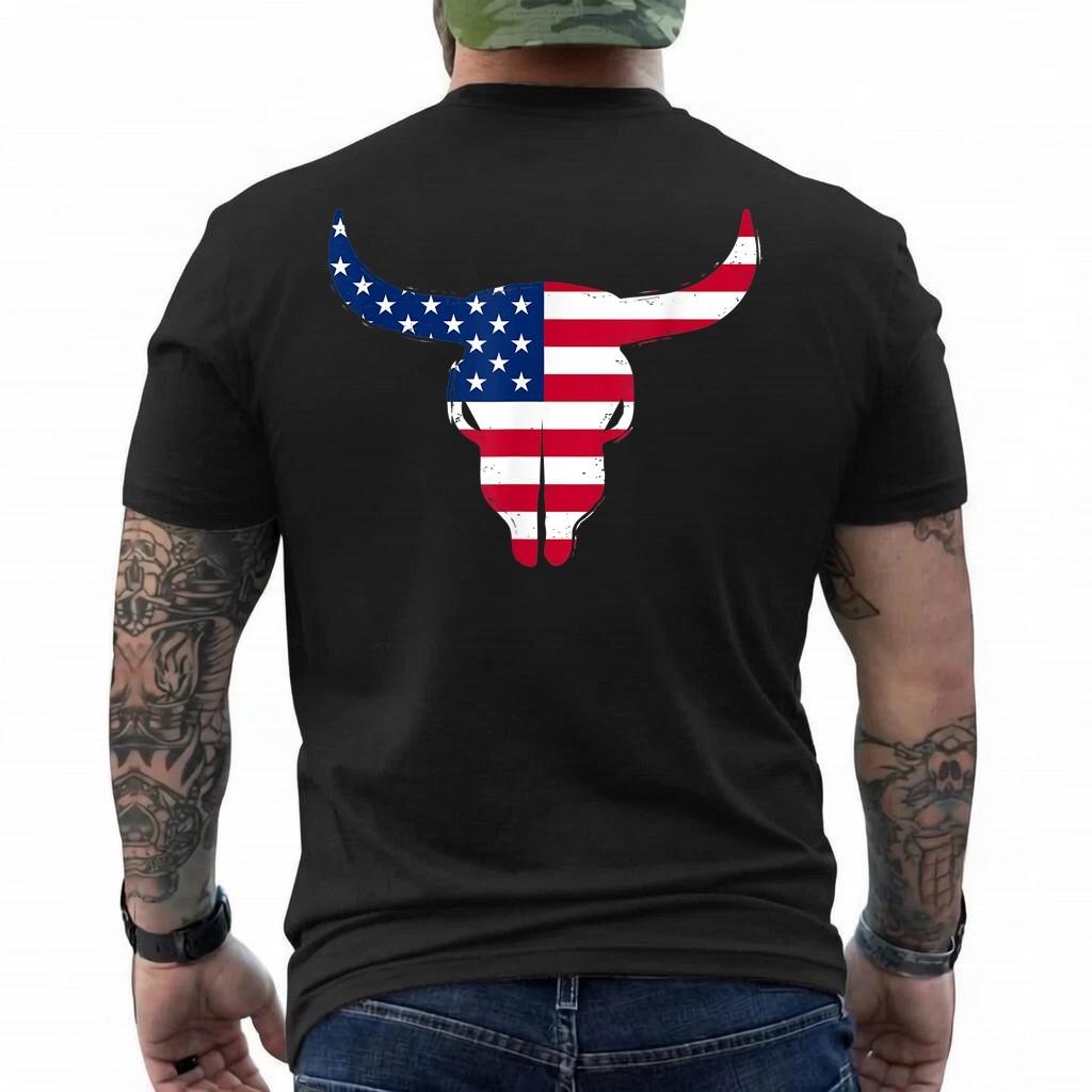 American Flag Bull Skull Patriotic Cowboy T-Shirt 4XL
