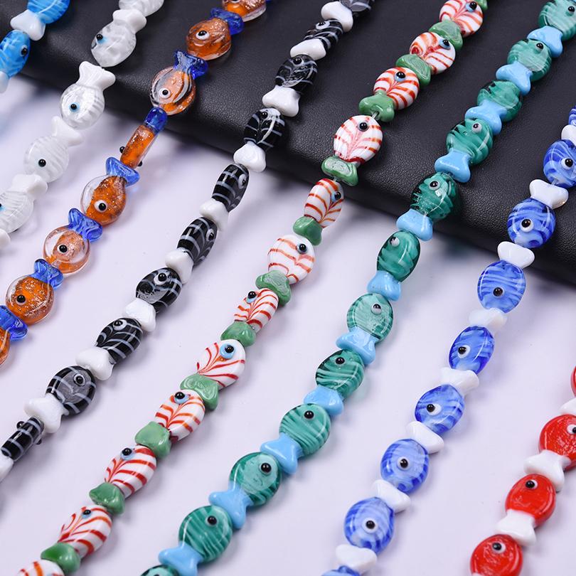12pcs/Lot Mixed Patterned Stripe Fish Beads For Jewelry Making Supplies Cute Animal Glass Spacer Bead Handmade Bracelets Anklets