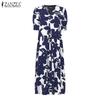 ZANZEA Womens Casual V-Neck Short Sleeve Print Long Dress