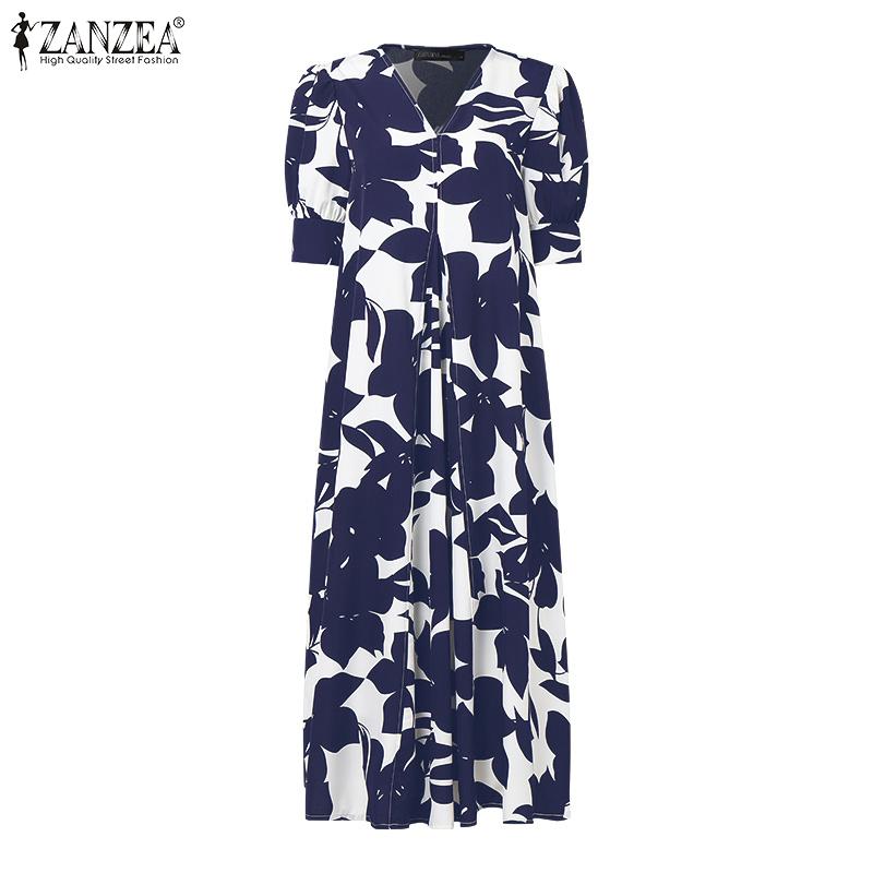 ZANZEA Womens Casual V-Neck Short Sleeve Print Long Dress