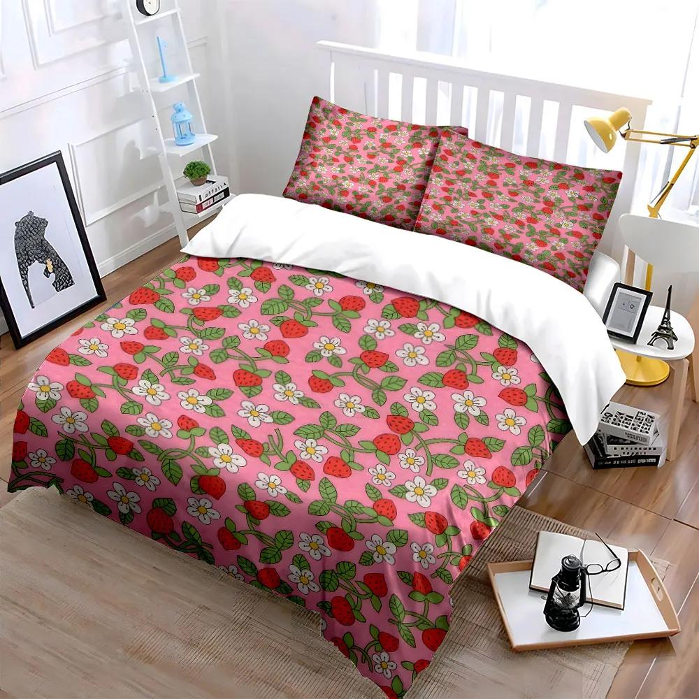 Strawberry Floral Decorative Set Soft Comfortable Duvet Cover Bedding Set Included 1*Duvet Cover & 2*Pillowcases gift