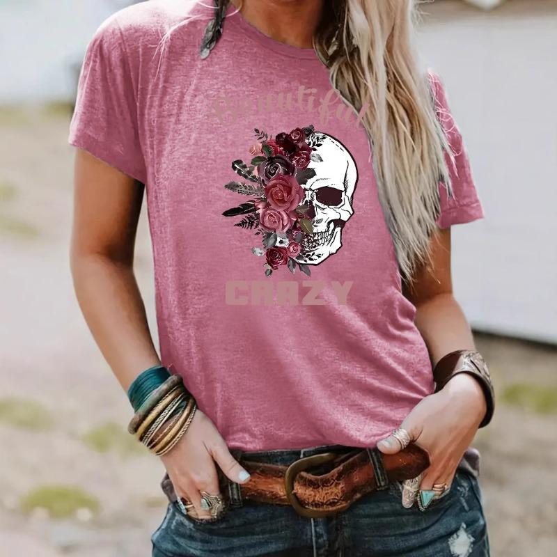 Round-neck Fashionable Skull Flower Print Top Women's T-shirt with Loose Short Sleeves