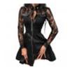 Fashion Women Lace Long Sleeve Zipper Pocket Large Hem Faux Leather Mini Dress