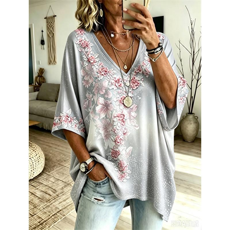Übergrößen Damen V-Ausschnitt Fledermausärmel T-Shirt Bohemian Ethnischer Druck Lockerer Oberteil Sommer Bequem Atmungsaktiv Tägliches Pendeln Lässig Schlankmachender Stil