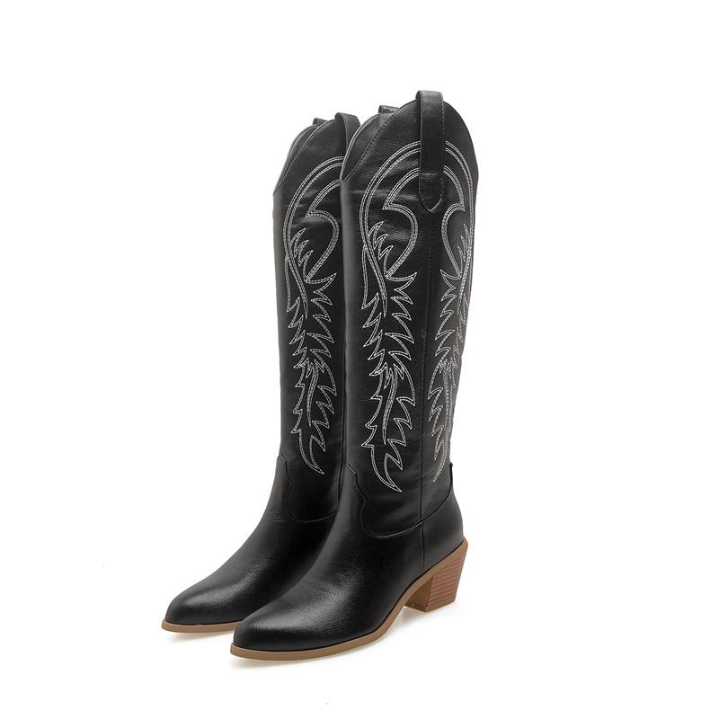 Модные вышитые ковбойские сапоги для женщин модные сапоги до колена зимняя обувь обувь на танкетке туфли челси большой размер 45 50 34 чёрный 8664₽
