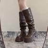 Brown British Platform Boots Women's Winter New Knee Thick Heel Premium Stacking Boots Retro Tall Tube