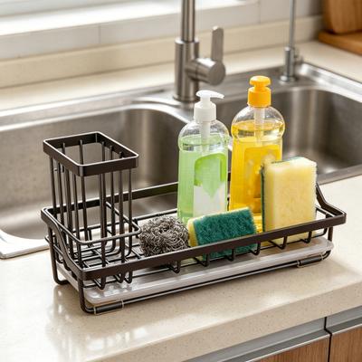 Küchenspüle Schwammhalter mit Abtropfschale Edelstahl Spülbecken Caddy Organizer Rutschfeste Pads Arbeitsplattenaufbewahrung für Schwämme Spülmittel Bürsten