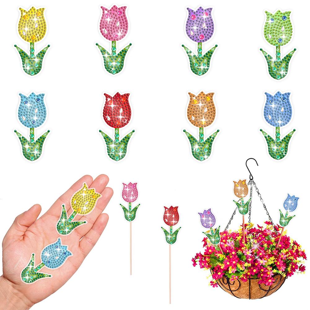 8/9 Peças Flor de Primavera Animal Fada DIY Pinturas de Arte com Diamantes Colar Estacas de Pintura de Diamante Enfeites para Decoração de Jardim
