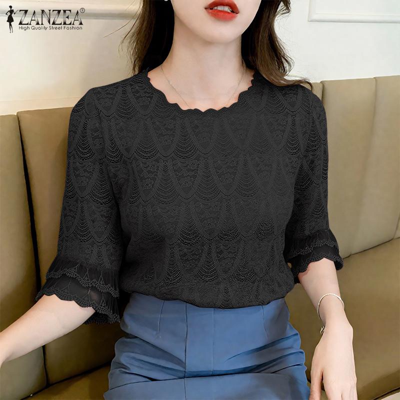 ZANZEA Women Casual Flare 3/4 Sleeve Elegant Lace Patchwork Blouse