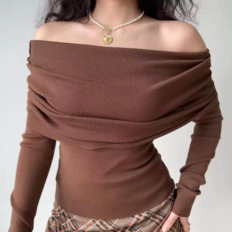 European One-Shoulder Pleated Knit Slim-Fit Sweater for Women