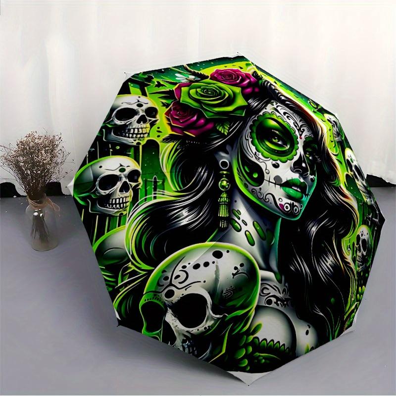 1pc Day of the Dead Automatic Open/close Folding Umbrella, Compact Portable Travel Umbrella, Perfect Birthday/Christmas, Cute Umbrella, Dura