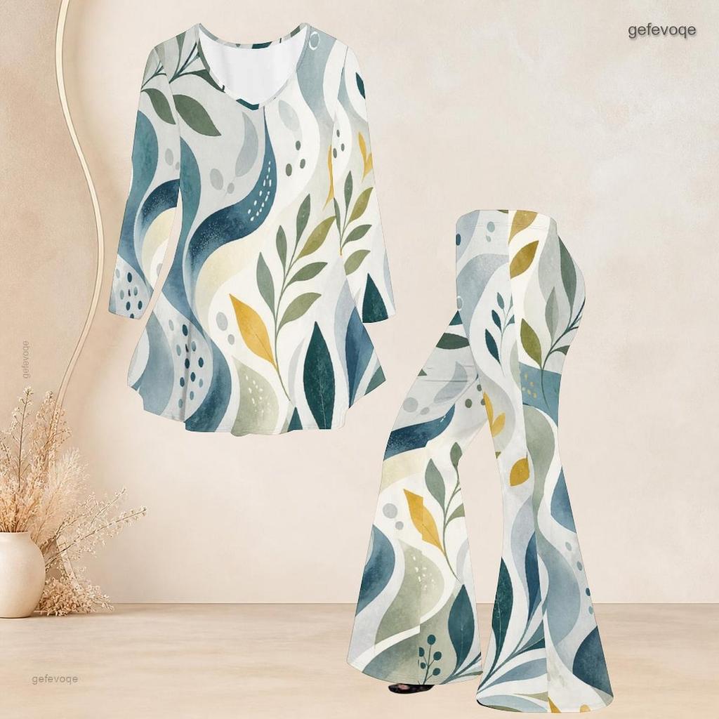Women Plus Size Printed Round Neck Three Quarter Sleeve Flared Top And Flared Pants Two Piece Set