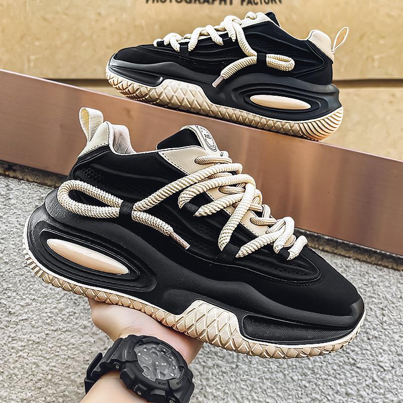 Schwarze Shell Toe Sneakers aus Leder für Herren – Dicke Sohle, trendige Herbst-Sportschuhe