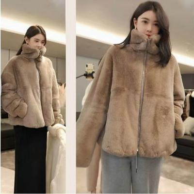 Jaqueta de inverno nova com gola alta de pele sintética suéter fofo casual solta grossa feminina de pelúcia