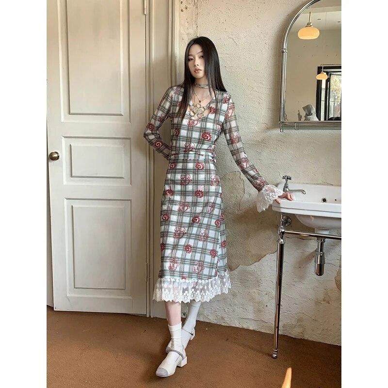 Women's Clothing Check Dress New Chinese Style Tea Break French Style Contrast Color Chic Unique Female Temperament Lace Skirt