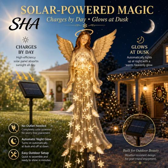 Decoración de Exhibición para el Jardín Delantero Luz de Jardín Solar con Forma de Ángel para Recordatorio, Estatua de Fuente de Bendición de Resina con Adornos LED Cálidos Navideños en Cascada para el Césped