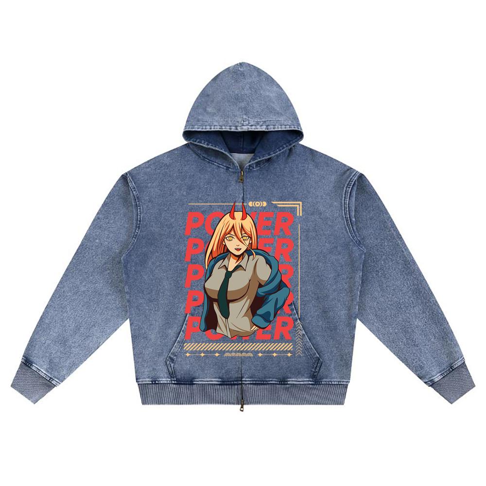 DTG Print Knitted Denim Zip-Up Hoodie Anime Streetwear 7 Brother Print Zipper Hoodies  