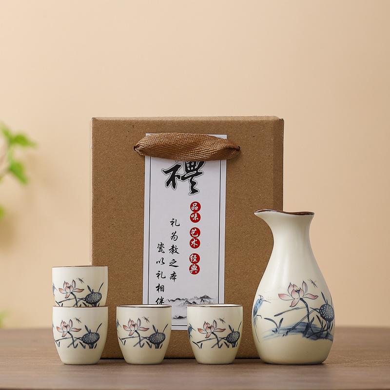 Ceramics Japanese Style Sake Pot Cups Retro One Pot with Four Cups Liquor Cups Set Home Dining Bar Creative Drinkware Gifts New