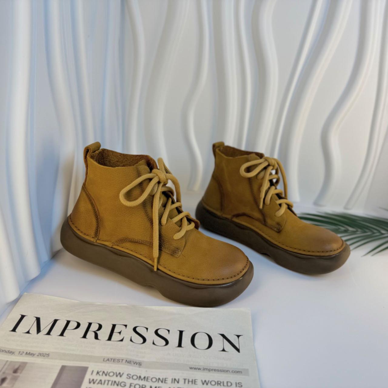 

Retro thick-soled short boots women s autumn and winter versatile first-layer cowhide women s boots soft-soled lace-up Martin boots 40